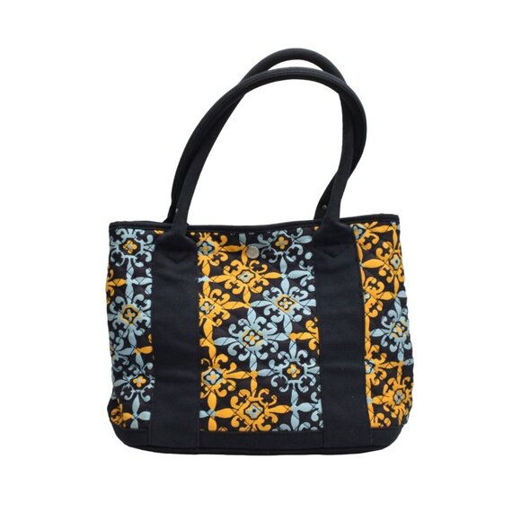 J Crew Tote Bag Purse Quilted Fabric Lined Medium Size Cotton Navy Print - Picture 1 of 8